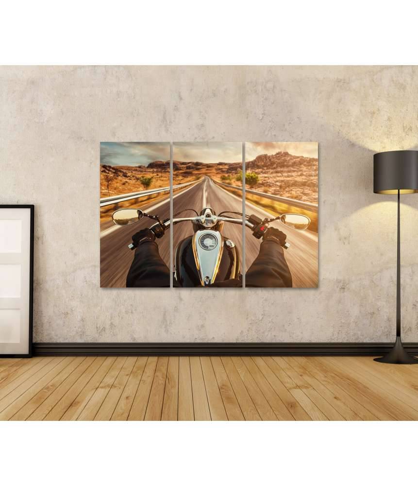 Islandburner Bild auf Leinwand Motorradfahrer allein auf US-Highway, umgeben von atemberaubendem Sonnenuntergang Nur noch ein Tag übrig