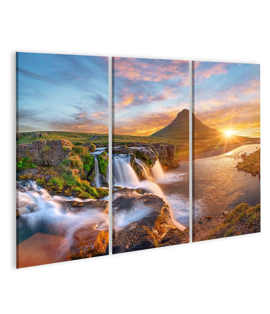 Islandburner Bild auf Leinwand Spektakulärer Sonnenaufgang über Kirkjufellsfoss Wasserfall & Kirkjufell Berg