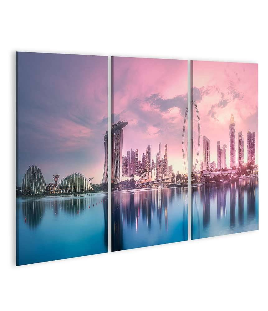 Islandburner Bild auf Leinwand Atemberaubender lila Sonnenuntergang über Singapurs Marina Bay Skyline