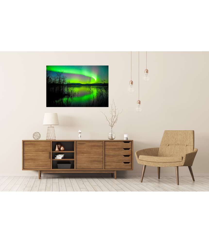 Islandburner XXL Premium Poster Spiegelnder See unter Nordlichtern und Wetterleuchten in Norwegen Black Friday Preise