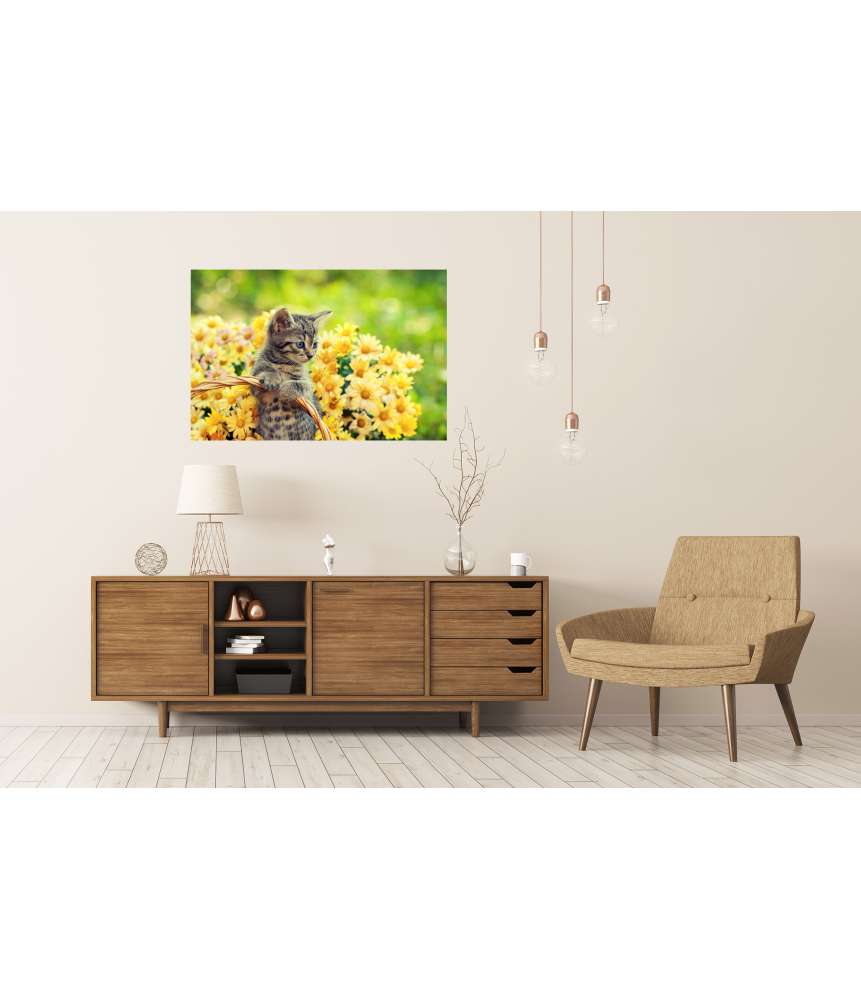 Islandburner XXL Premium Poster Entzückendes Wandbild eines jungen Kätzchens in einem blumenreichen Garten 50% Rabatt für begrenzte Zeit