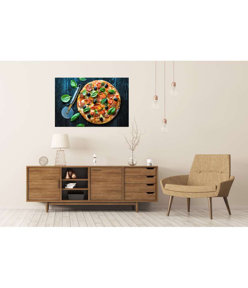 Islandburner XXL Premium Poster Lebhaftes Wandbild einer Salami-Pizza mit Oliven und Basilikum in Pizzeria Rabatte dieses Monats