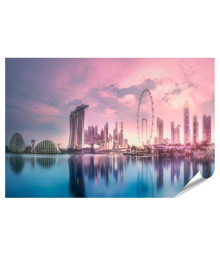 Islandburner XXL Premium Poster Atemberaubender lila Sonnenuntergang über Singapurs Marina Bay Skyline