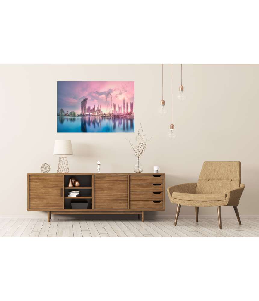 Islandburner XXL Premium Poster Atemberaubender lila Sonnenuntergang über Singapurs Marina Bay Skyline Online