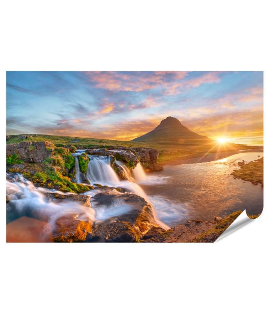 Islandburner XXL Premium Poster Spektakulärer Sonnenaufgang über Kirkjufellsfoss Wasserfall & Kirkjufell Berg