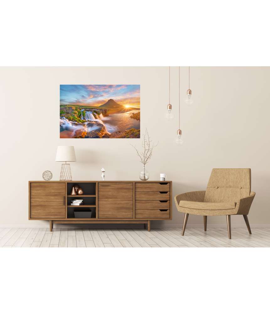 Islandburner XXL Premium Poster Spektakulärer Sonnenaufgang über Kirkjufellsfoss Wasserfall & Kirkjufell Berg Outlet