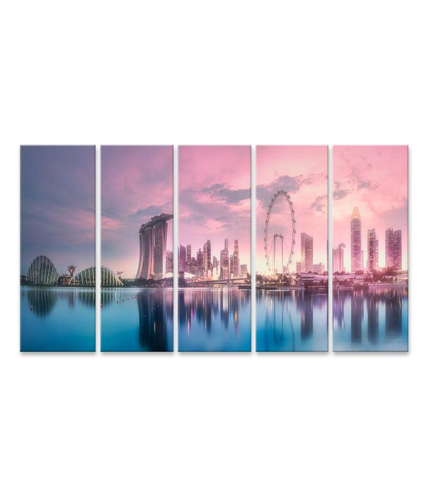 Islandburner Bild auf Leinwand Atemberaubender lila Sonnenuntergang über Singapurs Marina Bay Skyline