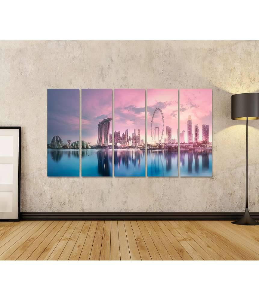 Islandburner Bild auf Leinwand Atemberaubender lila Sonnenuntergang über Singapurs Marina Bay Skyline Kostenloser Versand