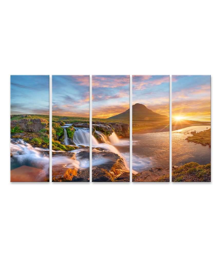 Islandburner Bild auf Leinwand Spektakulärer Sonnenaufgang über Kirkjufellsfoss Wasserfall & Kirkjufell Berg