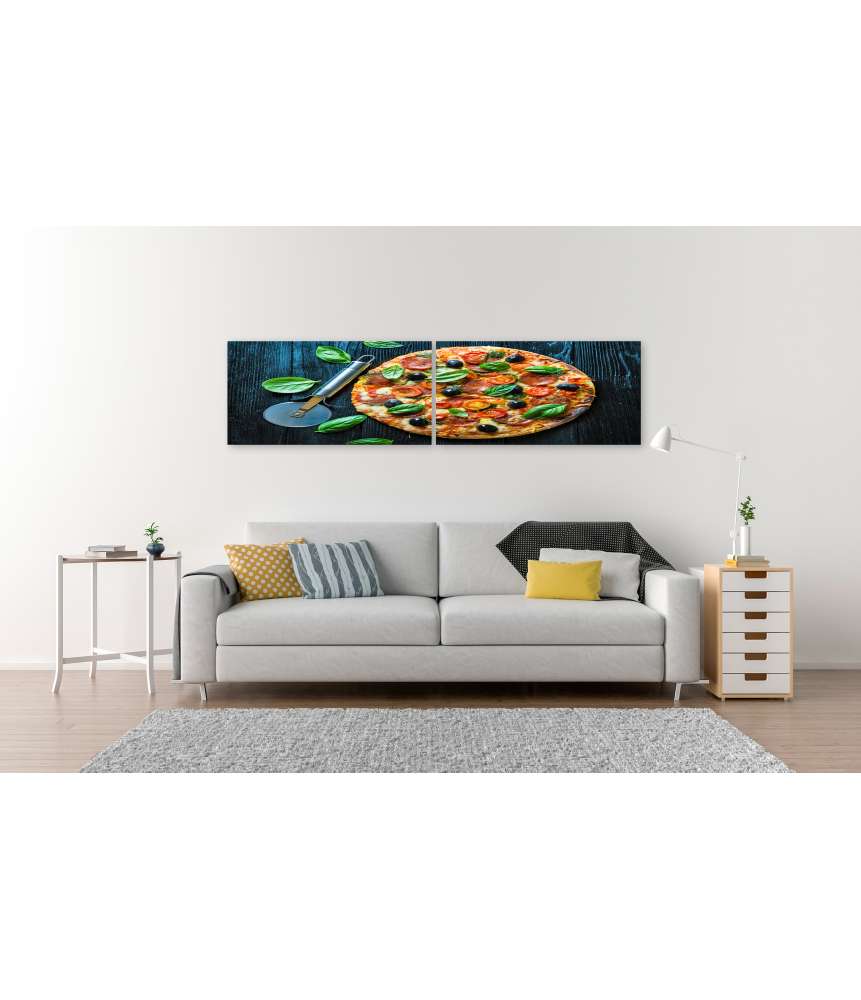 Islandburner Bild auf Leinwand Lebhaftes Wandbild einer Salami-Pizza mit Oliven und Basilikum in Pizzeria Begrenztes Angebot