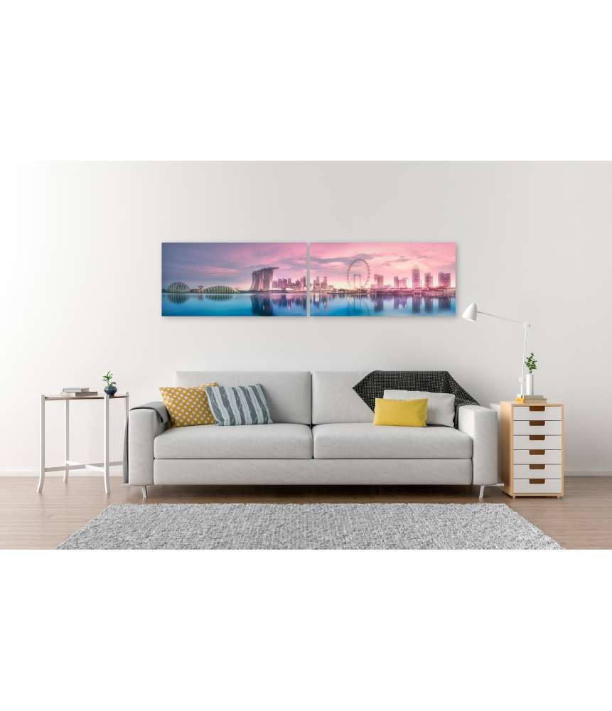 Islandburner Bild auf Leinwand Atemberaubender lila Sonnenuntergang über Singapurs Marina Bay Skyline Exklusivangebot