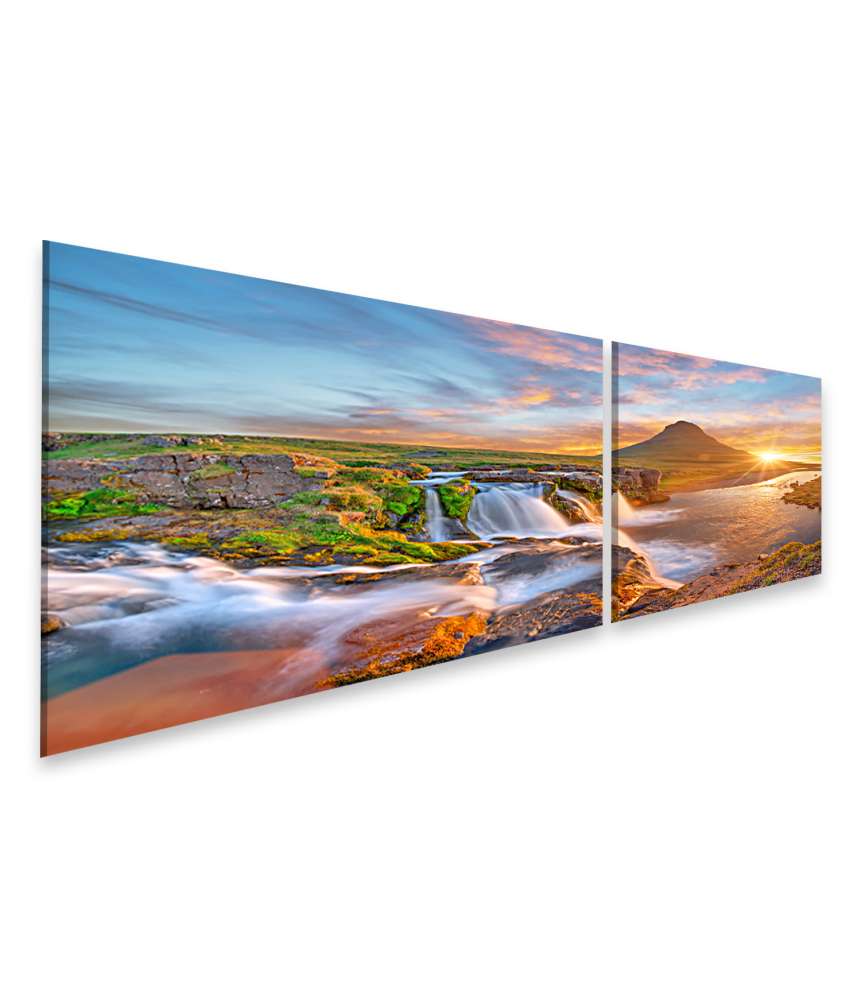 Islandburner Bild auf Leinwand Spektakulärer Sonnenaufgang über Kirkjufellsfoss Wasserfall & Kirkjufell Berg