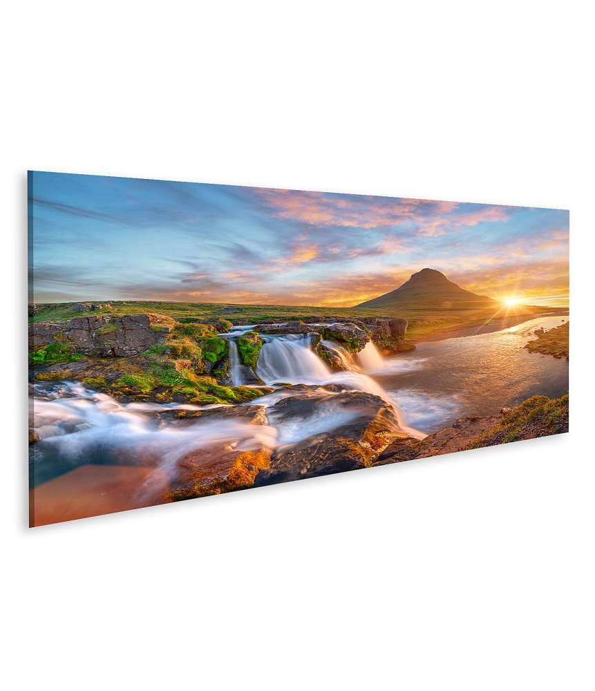 Islandburner Bild auf Leinwand Spektakulärer Sonnenaufgang über Kirkjufellsfoss Wasserfall & Kirkjufell Berg