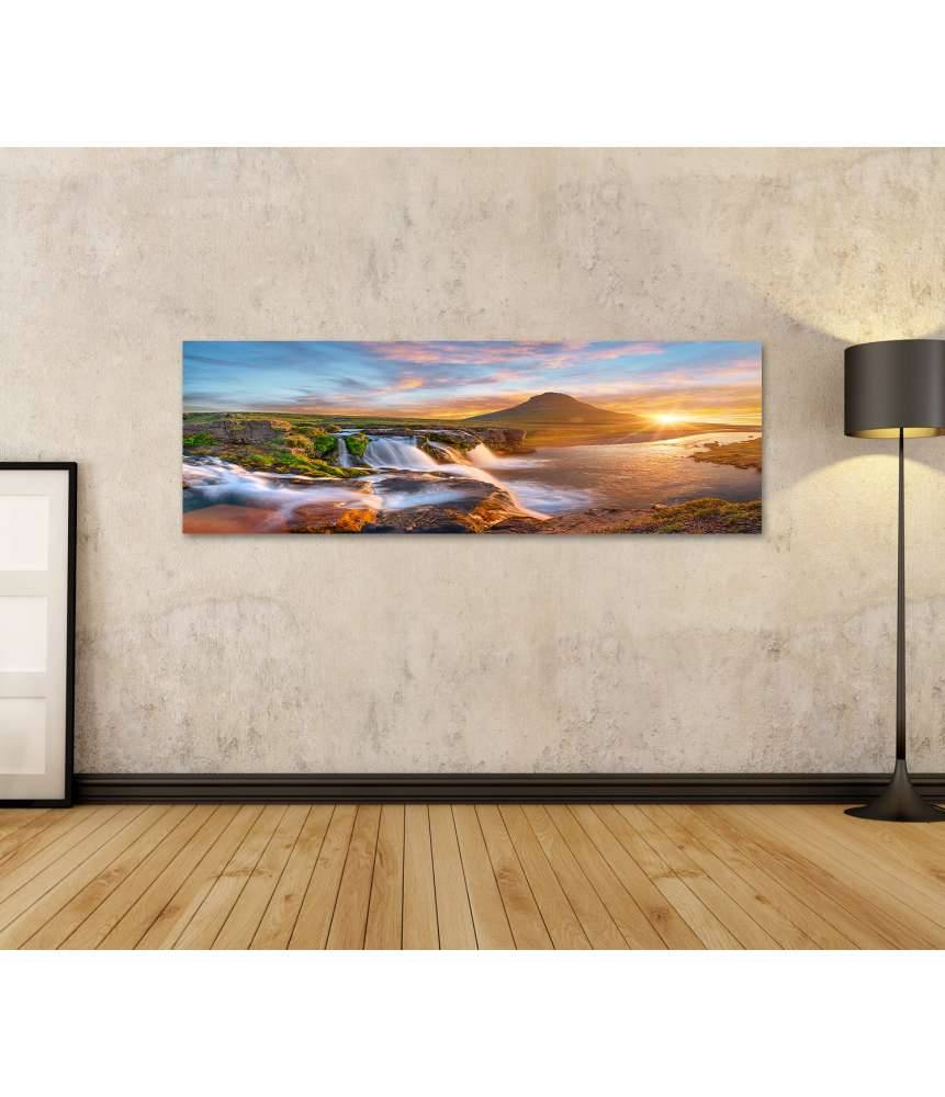 Islandburner Bild auf Leinwand Spektakulärer Sonnenaufgang über Kirkjufellsfoss Wasserfall & Kirkjufell Berg Top Angebot