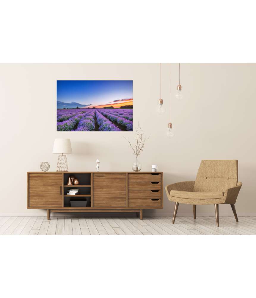 Islandburner Premium Poster Dramatischer Sonnenaufgang über duftendem Lavendelfeld mit Wolkenkulisse Große Rabatte