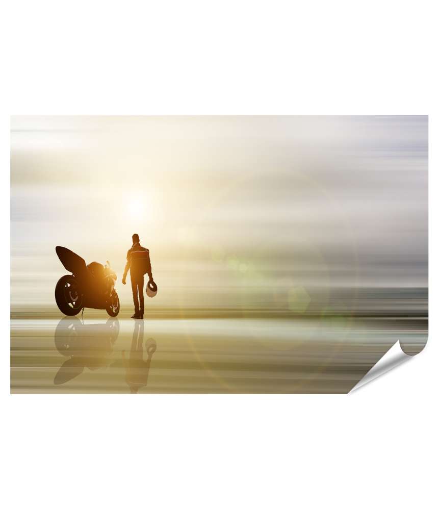Islandburner Premium Poster Abstraktes Kunstwerk: Motorrad am Horizont mit unscharfem Hintergrund