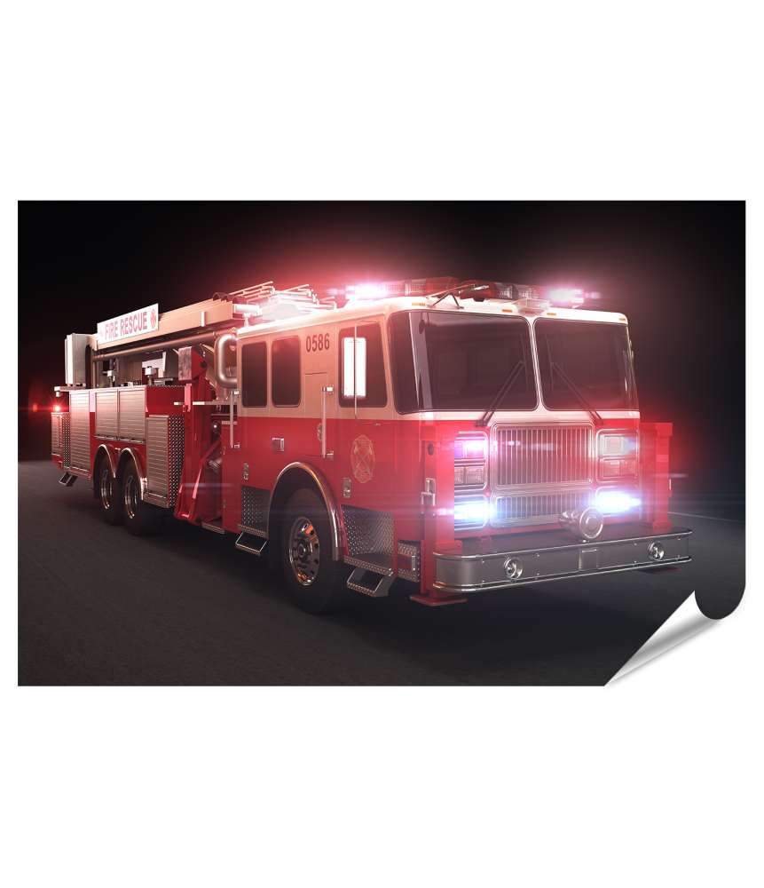Islandburner Premium Poster Lebhaftes Wandbild eines Feuerwehrautos mit Lichtern fürs Kinderzimmer