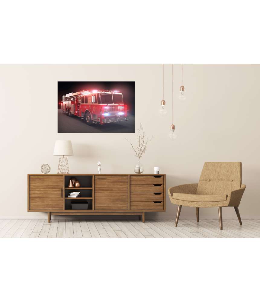 Islandburner Premium Poster Lebhaftes Wandbild eines Feuerwehrautos mit Lichtern fürs Kinderzimmer Tiefpreis