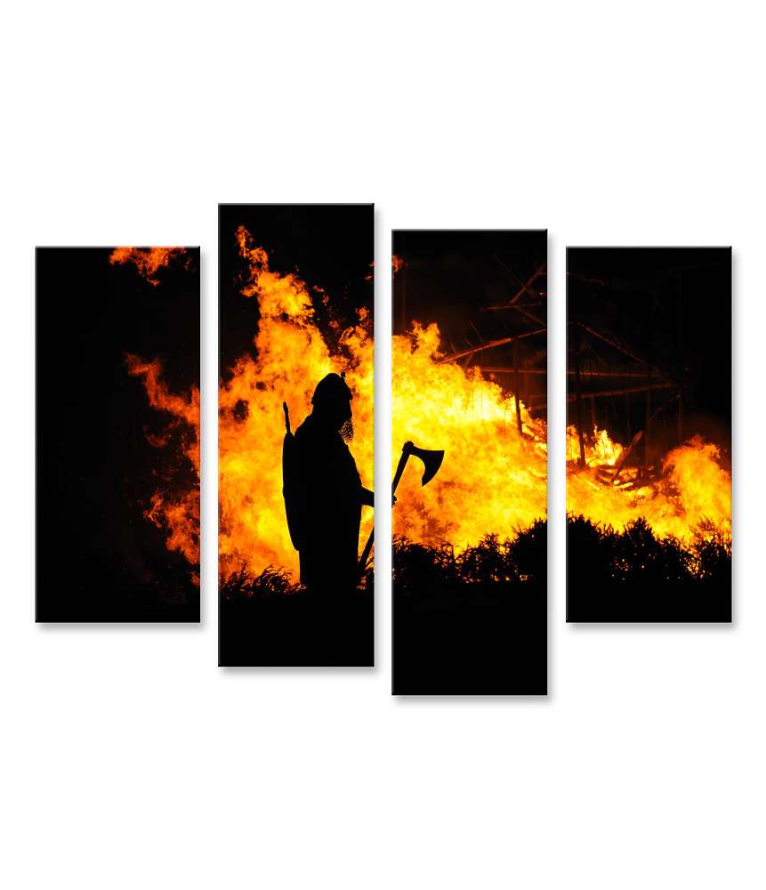 Islandburner Bild auf Leinwand Darstellung eines tapferen Wikingers inmitten eines brennenden Gebäudes