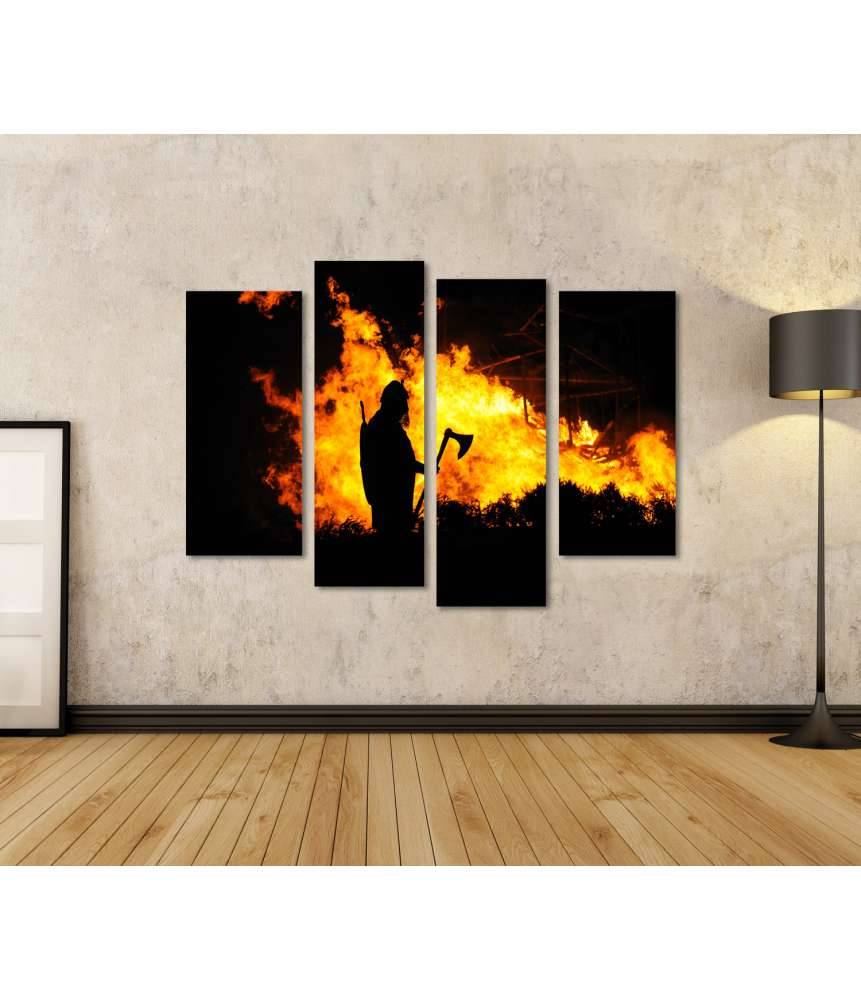Islandburner Bild auf Leinwand Darstellung eines tapferen Wikingers inmitten eines brennenden Gebäudes Kostenlose Rückgabe