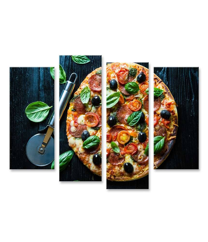 Islandburner Bild auf Leinwand Lebhaftes Wandbild einer Salami-Pizza mit Oliven und Basilikum in Pizzeria