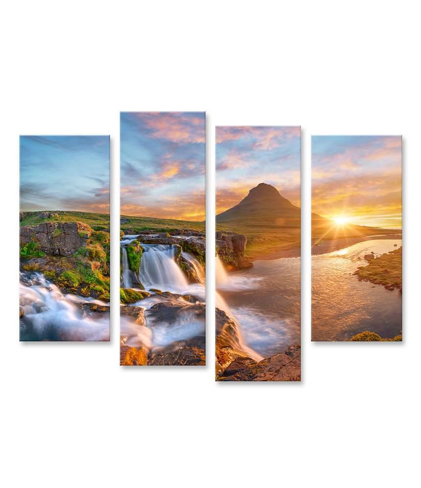Islandburner Bild auf Leinwand Spektakulärer Sonnenaufgang über Kirkjufellsfoss Wasserfall & Kirkjufell Berg