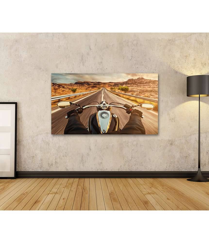 Islandburner Bild auf Leinwand Motorradfahrer allein auf US-Highway, umgeben von atemberaubendem Sonnenuntergang Discount Store für neue Produkte