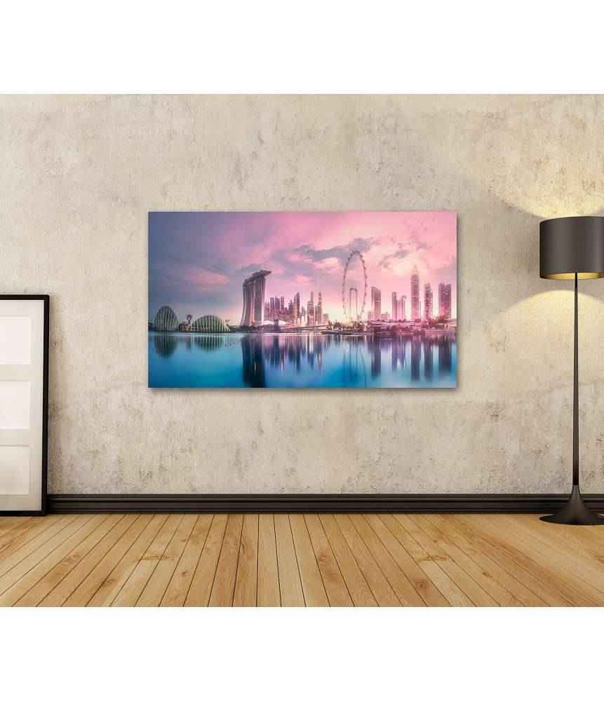 Islandburner Bild auf Leinwand Atemberaubender lila Sonnenuntergang über Singapurs Marina Bay Skyline Nur noch ein Tag übrig