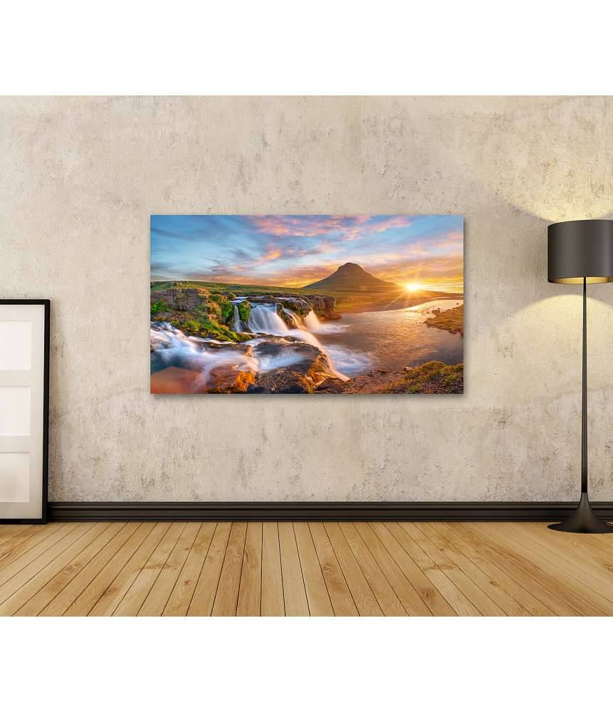 Islandburner Bild auf Leinwand Spektakulärer Sonnenaufgang über Kirkjufellsfoss Wasserfall & Kirkjufell Berg Super Rabatt