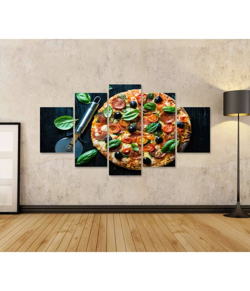 Islandburner Bild auf Leinwand Lebhaftes Wandbild einer Salami-Pizza mit Oliven und Basilikum in Pizzeria Im Verkauf
