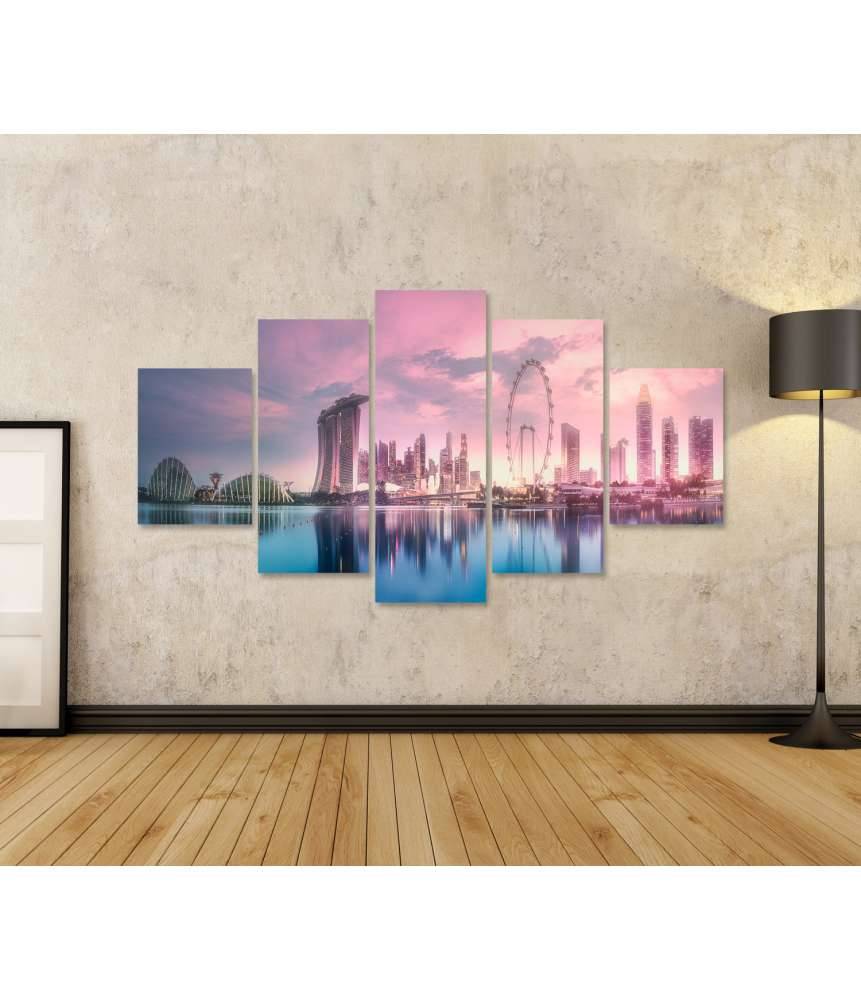 Islandburner Bild auf Leinwand Atemberaubender lila Sonnenuntergang über Singapurs Marina Bay Skyline 50% Rabatt für begrenzte Zeit