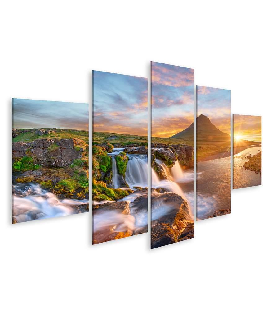 Islandburner Bild auf Leinwand Spektakulärer Sonnenaufgang über Kirkjufellsfoss Wasserfall & Kirkjufell Berg