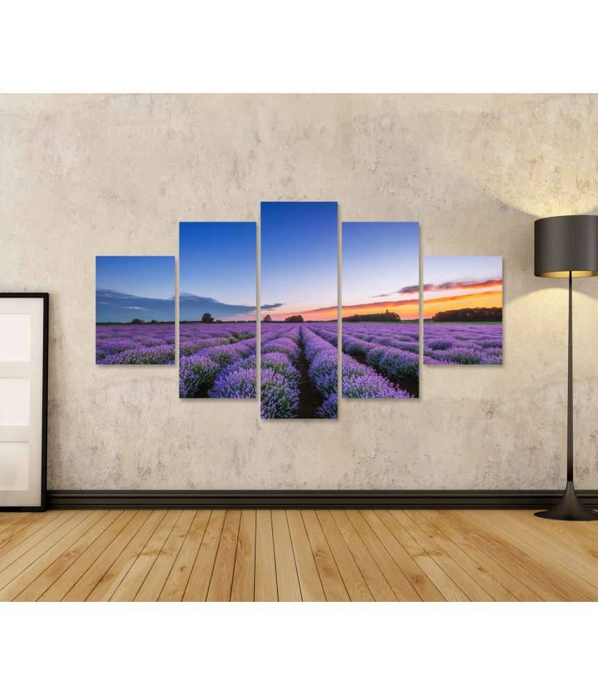 Islandburner Bild auf Leinwand Dramatischer Sonnenaufgang über duftendem Lavendelfeld mit Wolkenkulisse Outlet