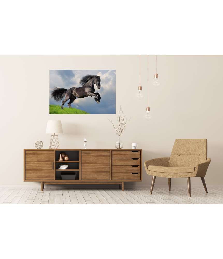 Islandburner XXL Premium Poster Friesisches Pferd in voller Galopp auf Wandbild dargestellt Vatertagsangebot