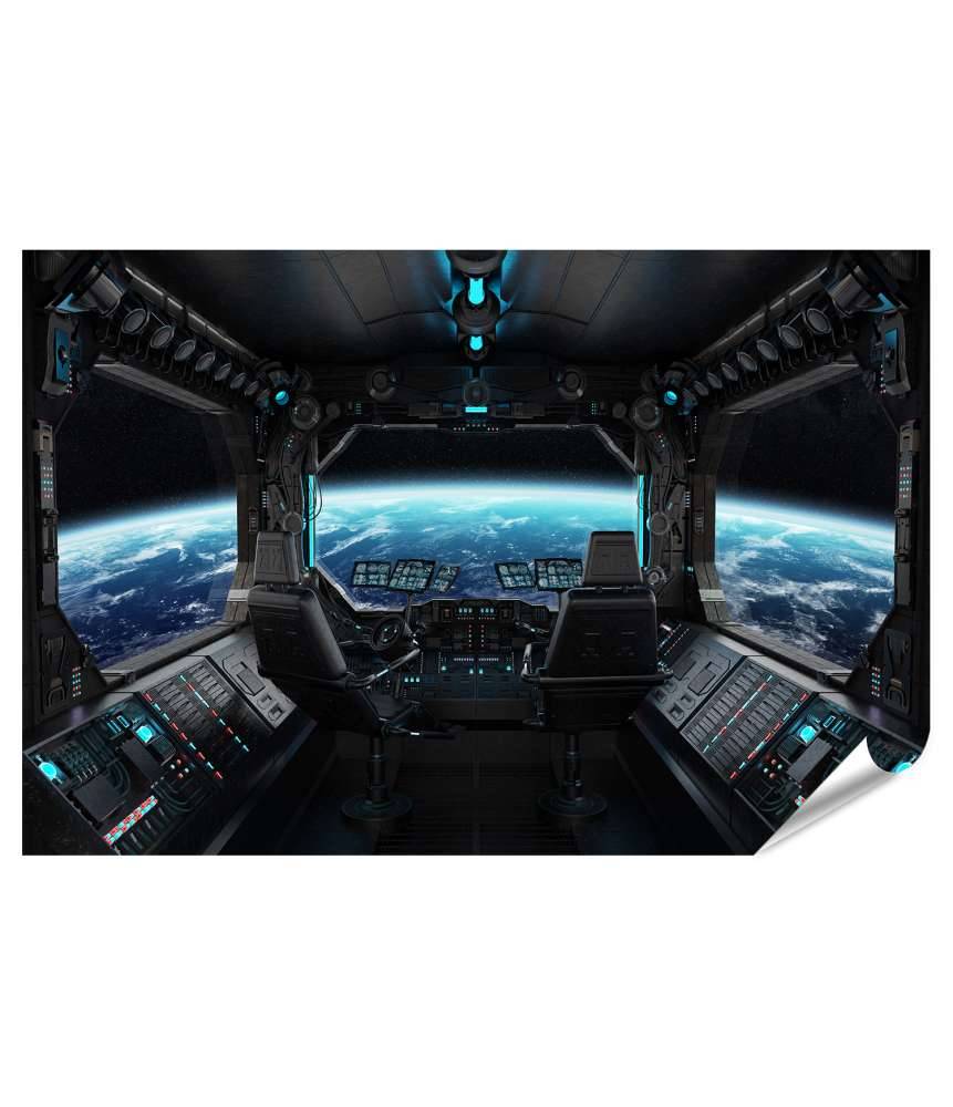 Islandburner XXL Premium Poster Grunge-Stil Raumschiff-Innenansicht mit Blick auf Planet Erde