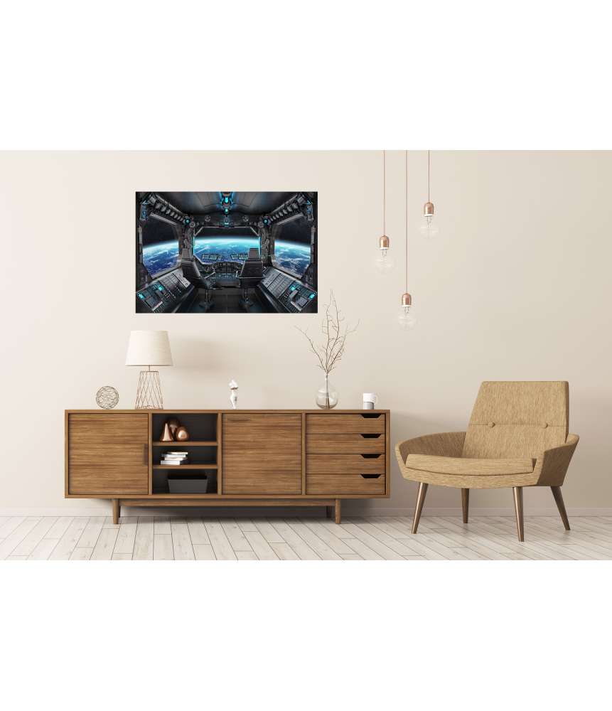 Islandburner XXL Premium Poster Grunge-Stil Raumschiff-Innenansicht mit Blick auf Planet Erde Online Outlet
