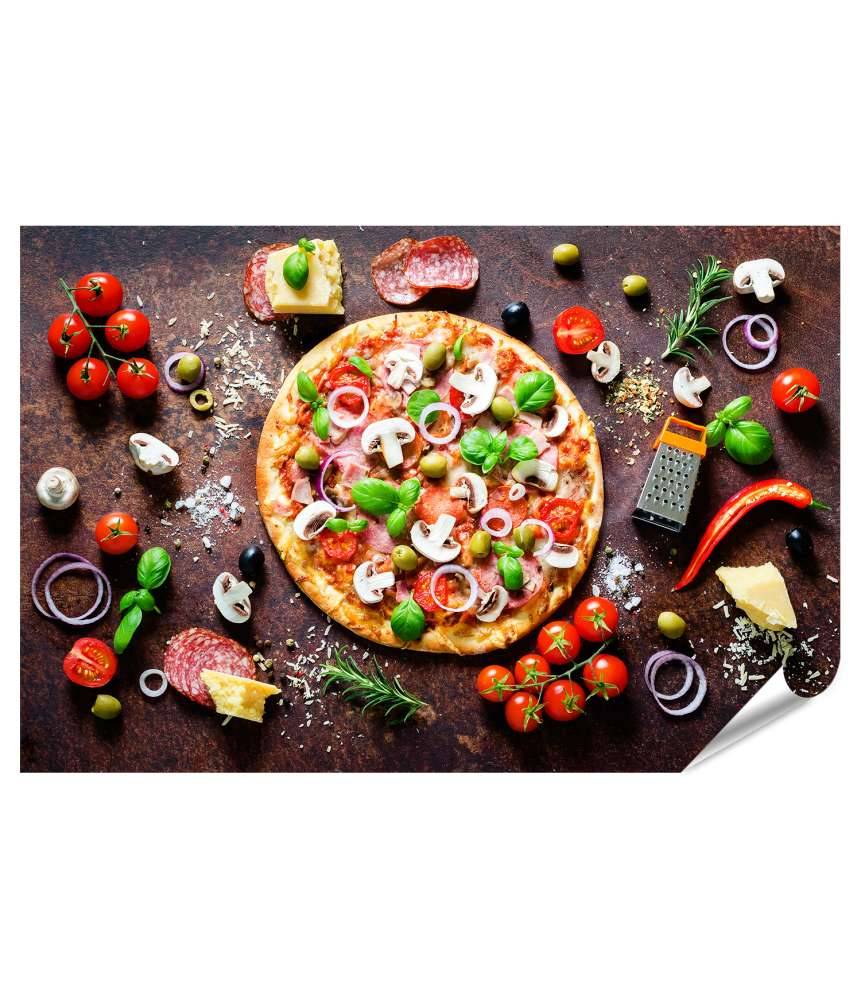 Islandburner XXL Premium Poster Köstliche italienische Pizza mit Pilzen und Gewürzen als Wandbild