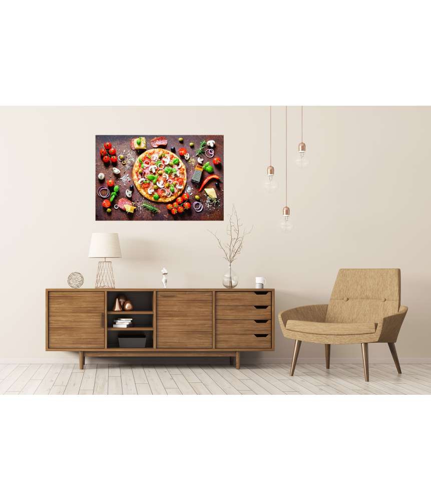 Islandburner XXL Premium Poster Köstliche italienische Pizza mit Pilzen und Gewürzen als Wandbild Große Rabatte