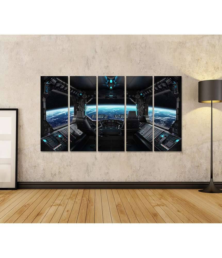 Islandburner Bild auf Leinwand Grunge-Stil Raumschiff-Innenansicht mit Blick auf Planet Erde Bis zu 50% Rabatt