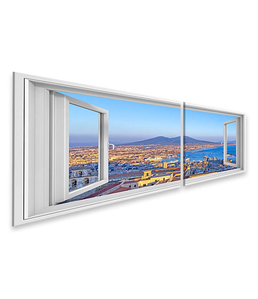 Islandburner Bild auf Leinwand Blick auf Neapel und Vesuv durch Fenster - Wandbild Begrenzt auf 3 Tage
