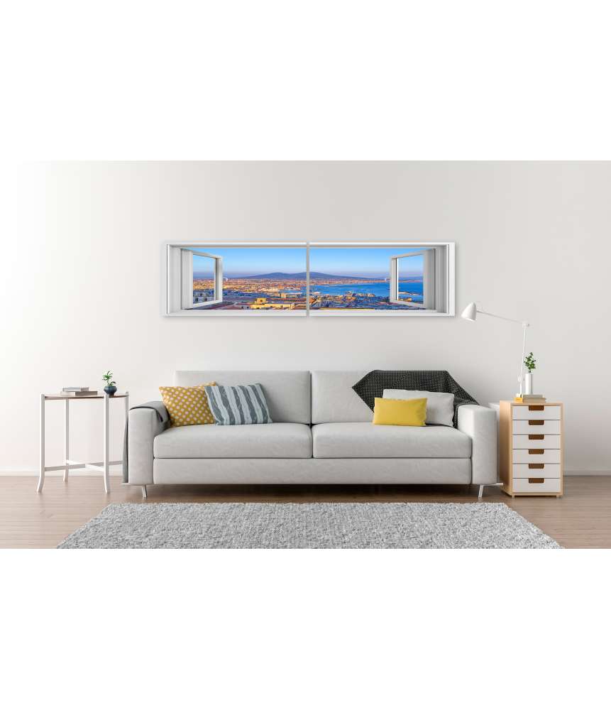 Islandburner Bild auf Leinwand Blick auf Neapel und Vesuv durch Fenster - Wandbild Begrenzt auf 3 Tage
