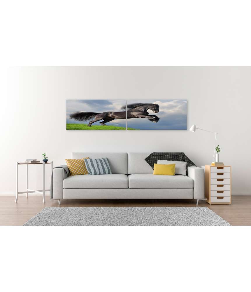 Islandburner Bild auf Leinwand Friesisches Pferd in voller Galopp auf Wandbild dargestellt Rabatte dieses Monats