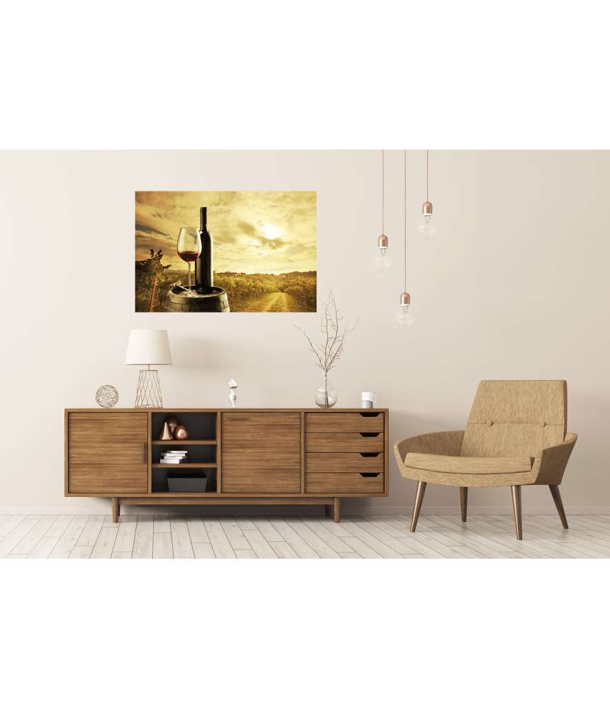 Islandburner Premium Poster Rotweinflasche und Weinglas auf einem Weinfass dargestellt Kauf eins, bekomm eins gratis