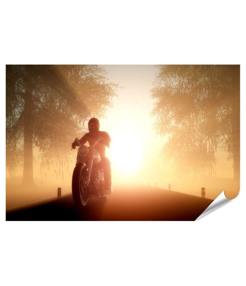 Islandburner Premium Poster Motorradfahrer auf idyllischer Landstraße im goldenen Sonnenlicht