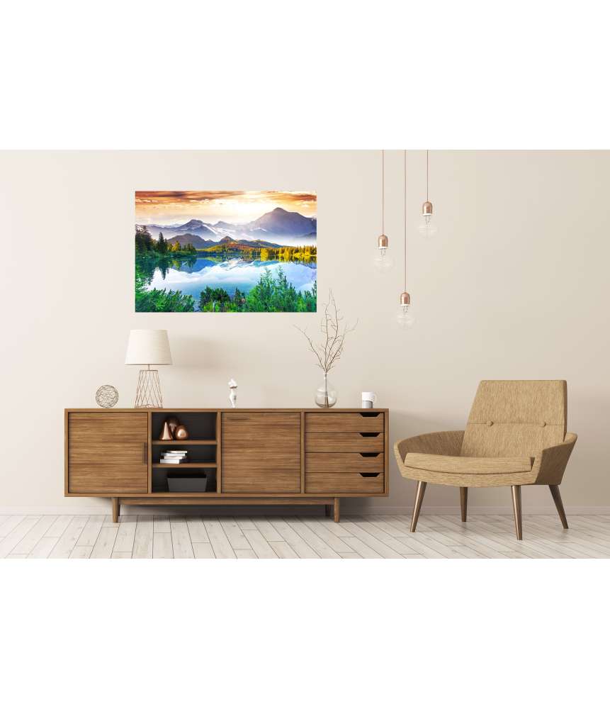 Islandburner Premium Poster Fantastisches Wandbild eines sonnigen Tages am See mit Bergkulisse JETZT KAUFEN