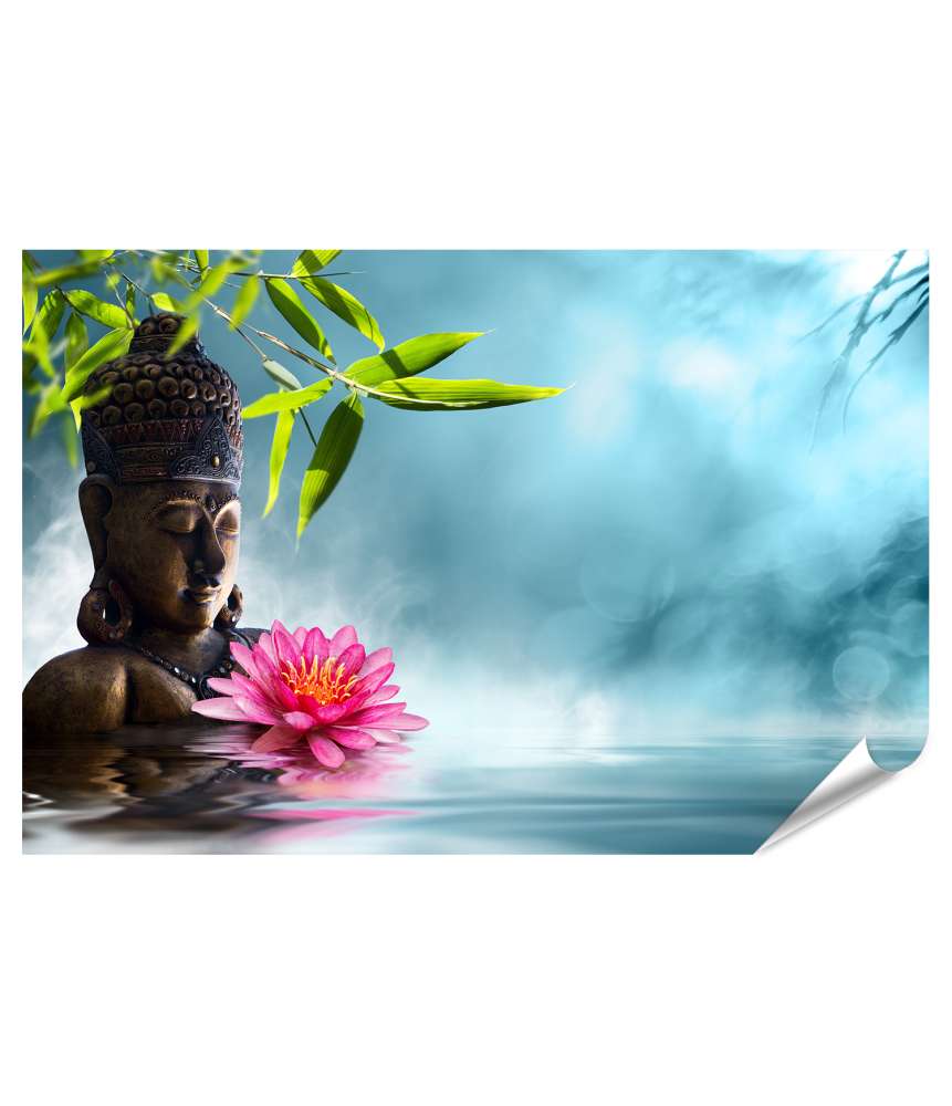 Islandburner Premium Poster Asiatisches Wandbild mit Buddha in Meditation neben Bambus im Spa-Stil