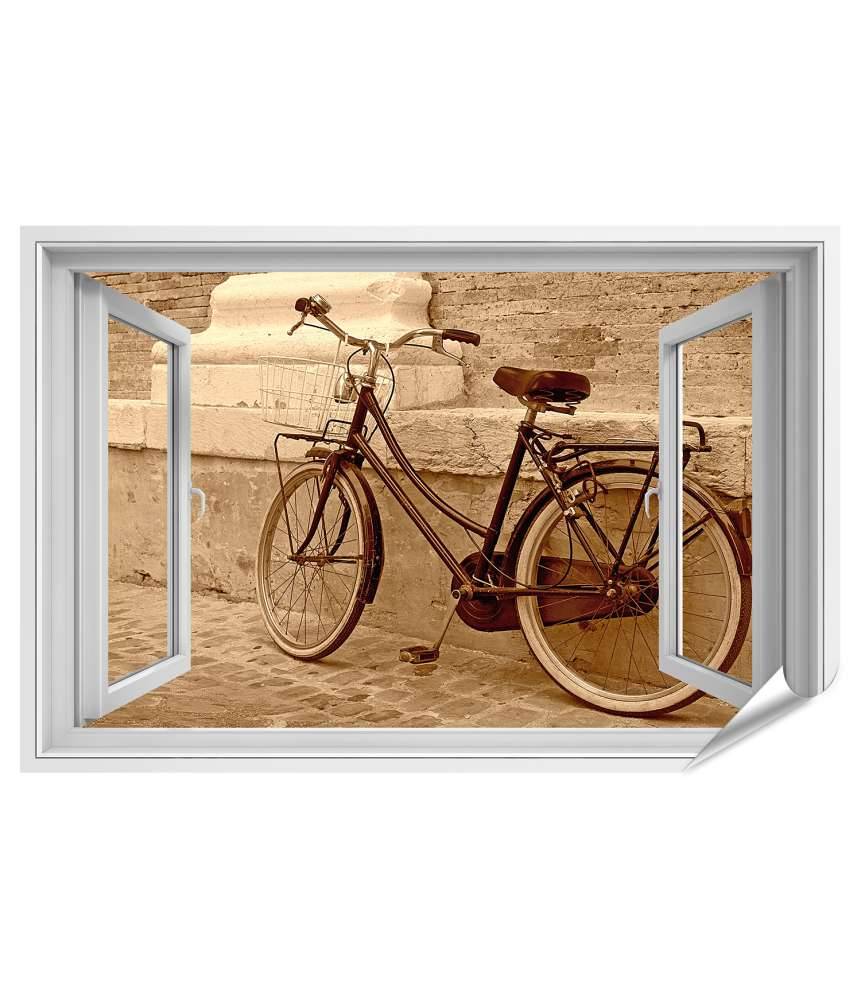 Islandburner Premium Poster Blick durchs Fenster auf einen an die Wand gelehnten Oldtimer-Fahrrad