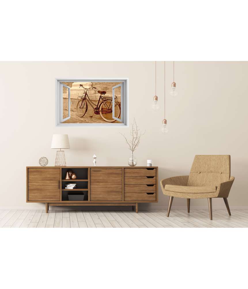 Islandburner Premium Poster Blick durchs Fenster auf einen an die Wand gelehnten Oldtimer-Fahrrad Discount Store für neue Produkte