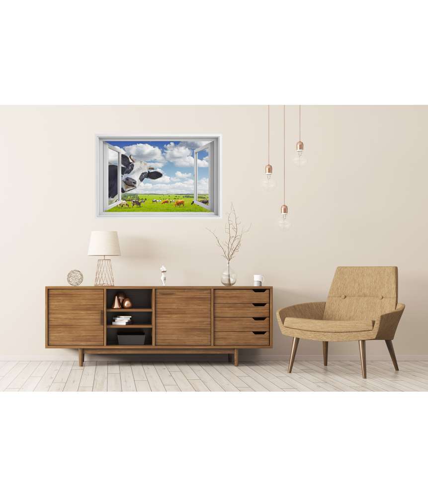 Islandburner Premium Poster Lustige Kuh blickt in Kamera durch Fenster - Wandbild Super Rabatt