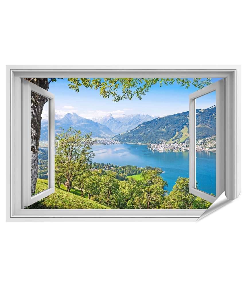 Islandburner Premium Poster Panoramablick auf prächtige Alpenlandschaft durch ein Fenster-Wandbild